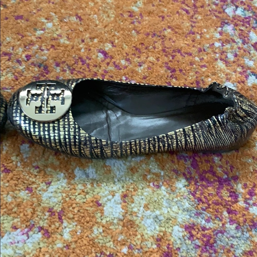 Tory Burch Black and Gold Snake Print Reva Flats - Picture 4 of 8